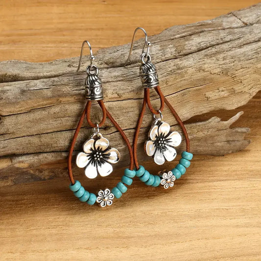 Vintage Floral Leather Earrings | White Gold